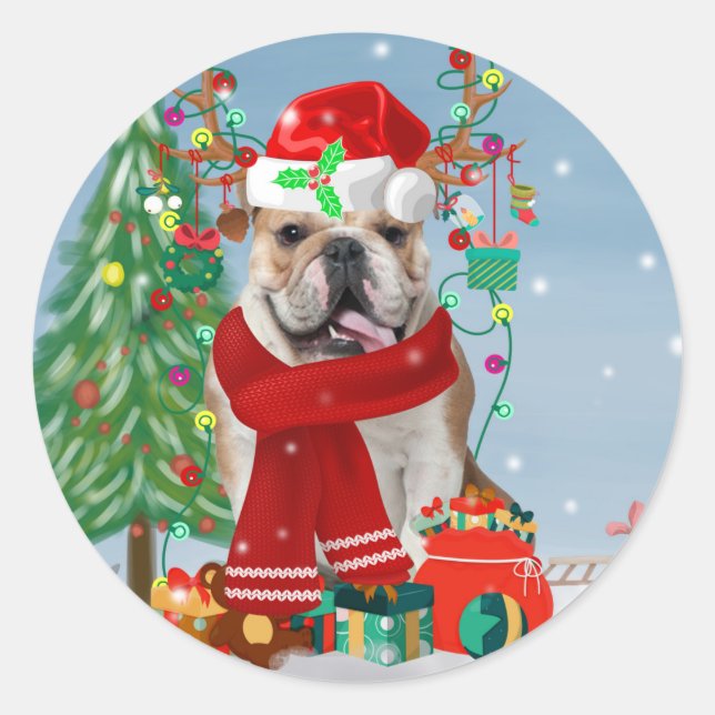 Adesivo Redondo Bulldog Inglês em Neve com Presentes de Natal (Frente)