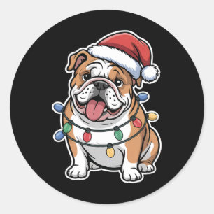 Adesivo Redondo Bulldog Inglês Embalado Em Luzes De Natal