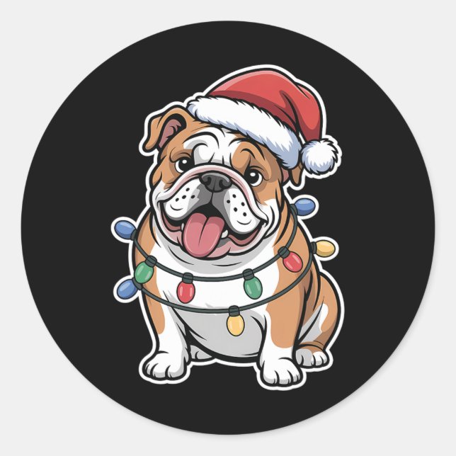 Adesivo Redondo Bulldog Inglês Embalado Em Luzes De Natal (Frente)