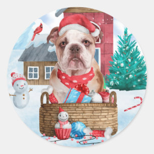 Adesivo Redondo Bulldog Inglês na Casa de Cachorro de Natal na Nev