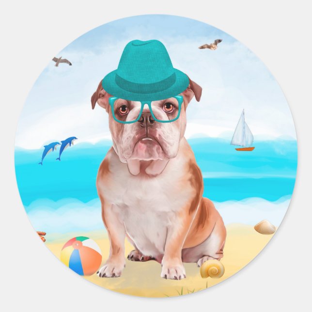 Adesivo Redondo Bulldog Inglês na Praia (Frente)