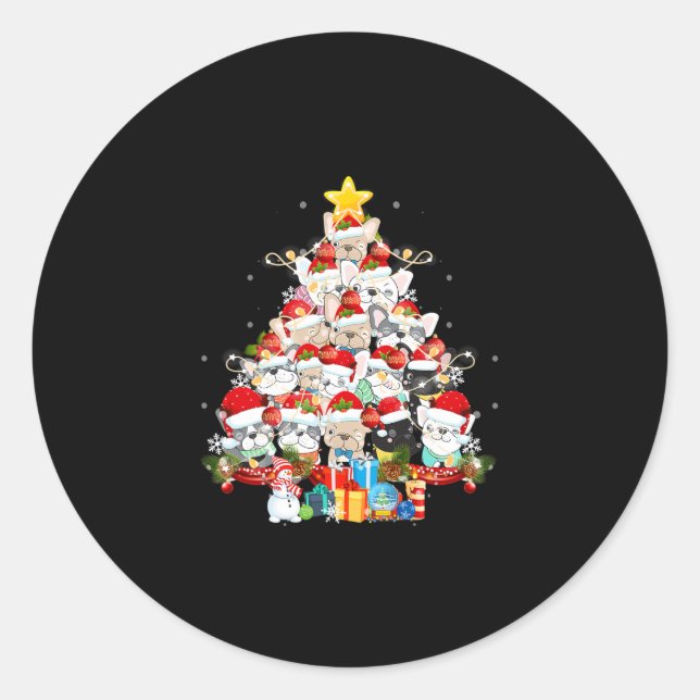 Adesivo Redondo Bulldog Santa Claus Xmas Tree Lights Feliz Natal (Frente)