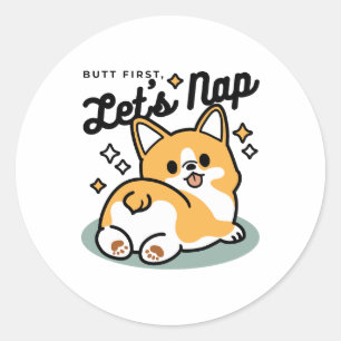 Adesivo Redondo Bumbum Primeiro, Vamos Nap - Bumbum Corgi Cute