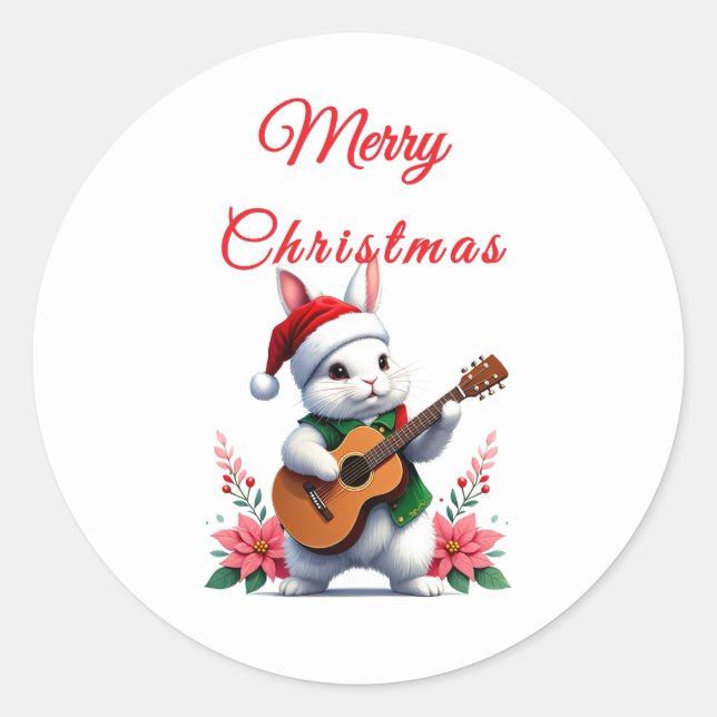 Adesivo Redondo Bunny Guitar Merry Christmas Sticker (Frente)