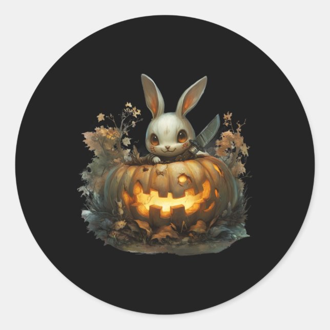 Adesivo Redondo Bunny Mayhem Cachorro do Halloween Bunny Pumpkin (Frente)