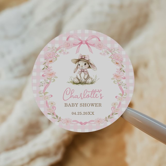 Adesivo Redondo Bunny Pink Bow Gingham Baby Shower (Criador carregado)