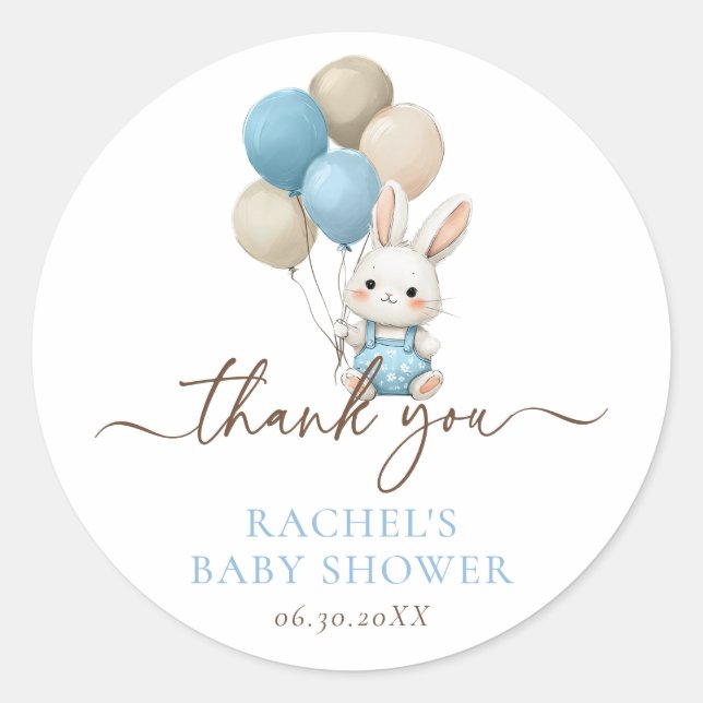 Adesivo Redondo Bunny Rabbit Balloons | Chá Blue Baby Boy (Frente)