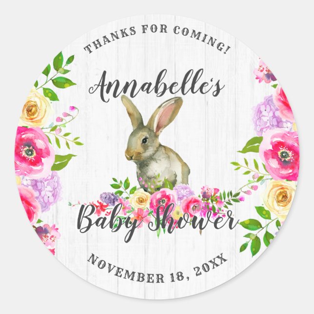 Adesivo Redondo Bunny Rabbit Floral Baby Girl Chá Obrigado (Frente)