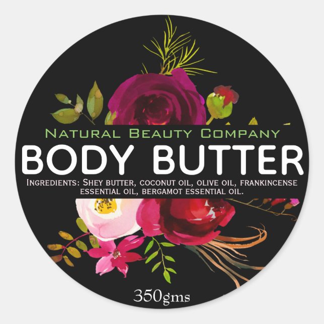 Adesivo Redondo Buquê De Aquarela Nos Rótulos Da Manteiga Preta (Frente)