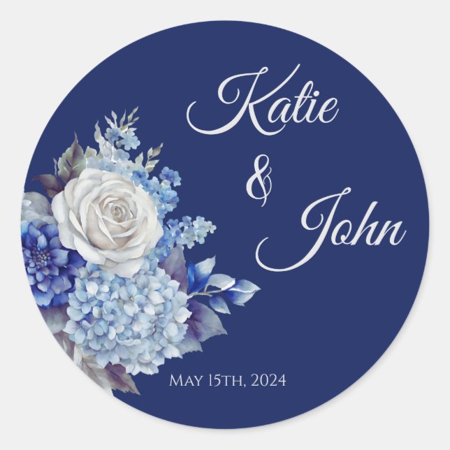 Adesivo Redondo Buquê De Flor Azul De Água - Casamento- (Frente)