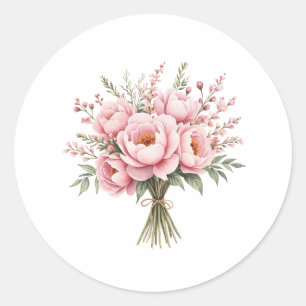 Adesivo Redondo Buquê de Flores de Peônia Rosa Bonita
