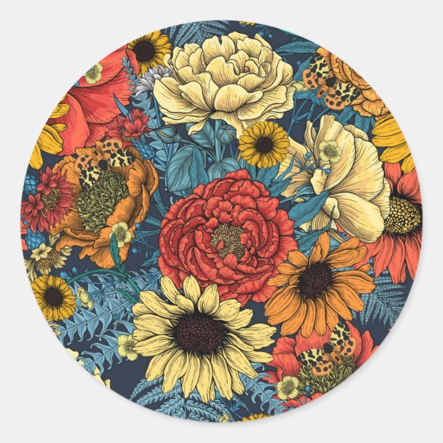 Adesivo Redondo Buquê de flores- rosas, peonias, margaridas (Frente)