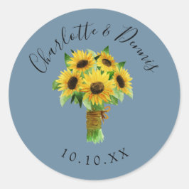 Adesivo Redondo Buquê de girassol e casamento azul