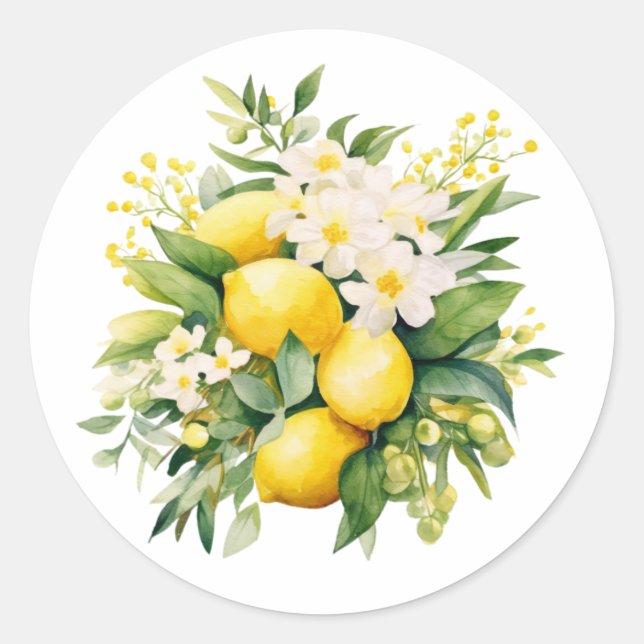 Adesivo Redondo Buquê de Limão com Flores Brancas (Frente)