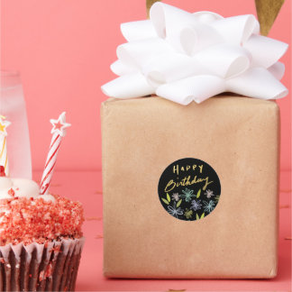 Adesivo Redondo Buquê Feliz de Aniversário Clássico Dourado