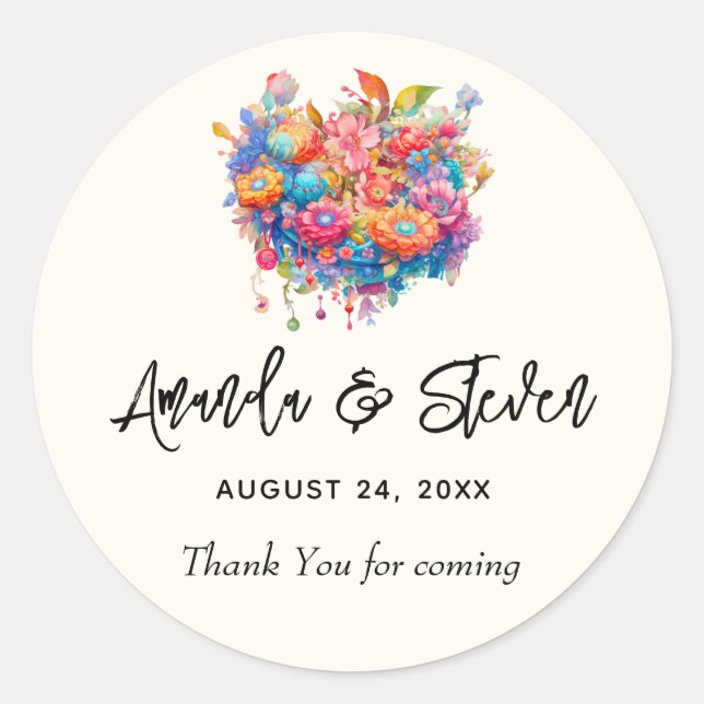 Adesivo Redondo Buquê Flor Laranja E Casamento Azul Obrigado (Frente)