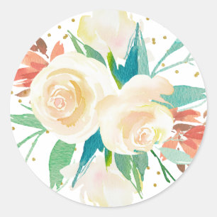 Adesivo Redondo Buquê Floral Aquarela Bege Claro