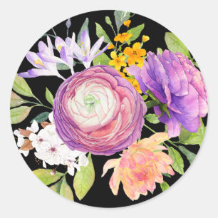 Adesivo Redondo Buquê Floral Colorido em Preto