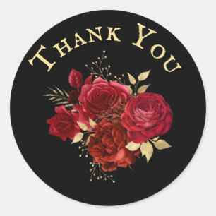 Adesivo Redondo Buquê Floral Dourado Elegante Rosa vermelha Obriga