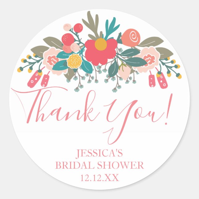 Adesivo Redondo Buquê Floral Rosa Obrigado (Frente)