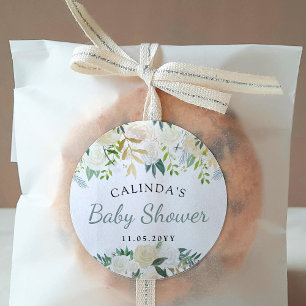 Adesivo Redondo Buquê Rosa Branco   CHÁ DE FRALDAS