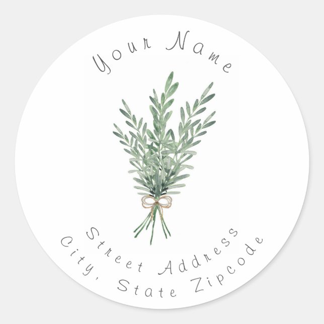 Adesivo Redondo Buquê Rosemary de Aquarela com Arco de Juta (Frente)
