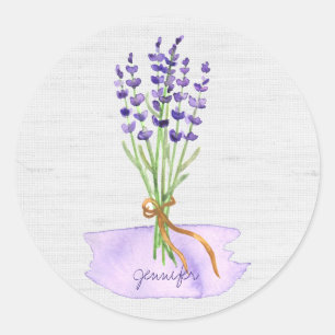 Adesivo Redondo Buquê roxo da lavanda na serapilheira de linho
