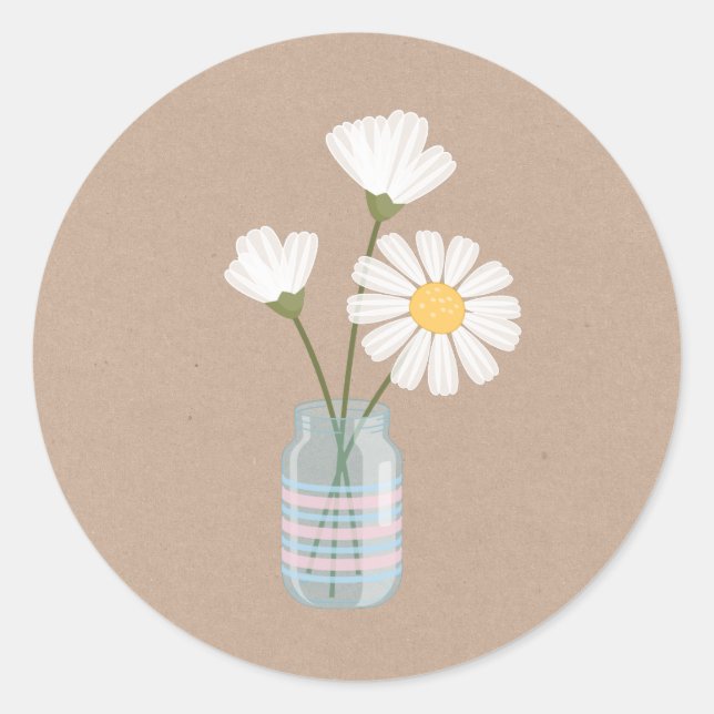 Adesivo Redondo Buquê Simple White Daisies Mason Jar (Frente)