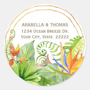 Adesivo Redondo Buquê tropical Watercolor Floral Return Address