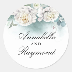 Adesivo Redondo Buquê verde Elegante de Aquarelas Brancas