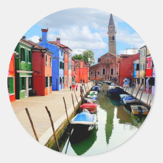 Adesivo Redondo Burano, Itália Colorida Houses e Canal de Barcos