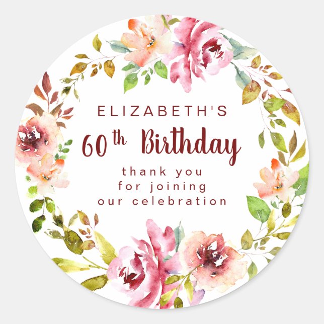 Adesivo Redondo Burgundy 60º aniversário Floral Wreath Obrigado (Frente)