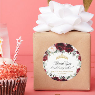 Adesivo Redondo Burgundy Blush Floral Quinceañera Tiara Princess