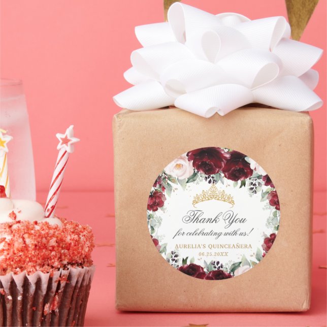 Adesivo Redondo Burgundy Blush Floral Quinceañera Tiara Princess (Festa)