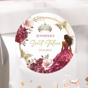 Adesivo Redondo Burgundy Blush Gold Floral Princesa Sweet 16