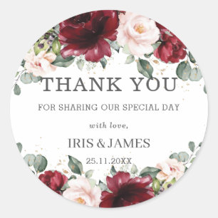 Adesivo Redondo Burgundy Blush Pink Floral Chá de casamento Aniver