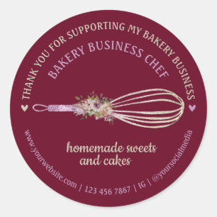 Adesivo Redondo Burgundy Catering Padaria Chefe Batedeira Flor Obr