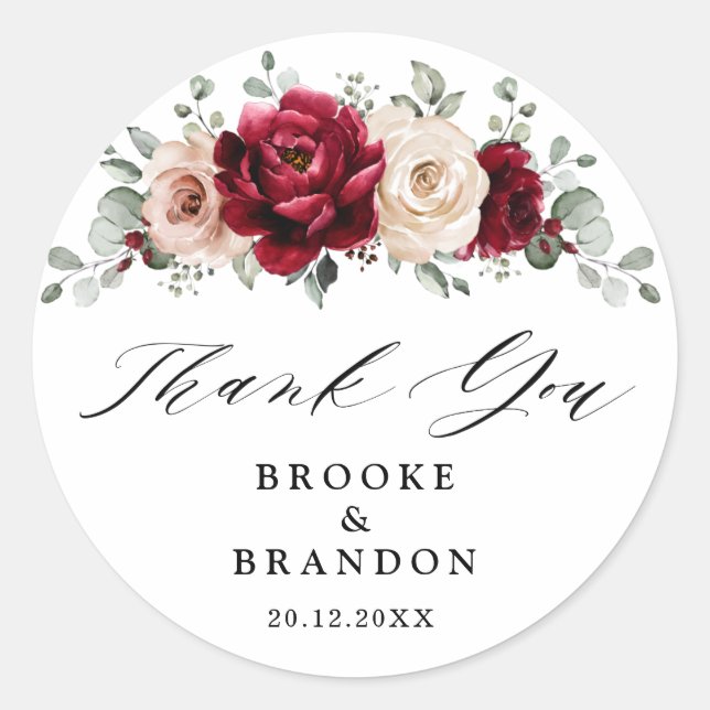 Adesivo Redondo Burgundy Champagne Ivory Mauve Casamento Obrigado (Frente)