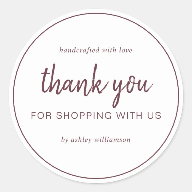 Adesivo Redondo Burgundy Chic Script Obrigado por Comprar (Frente)