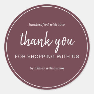 Adesivo Redondo Burgundy Chic Script Obrigado por Comprar