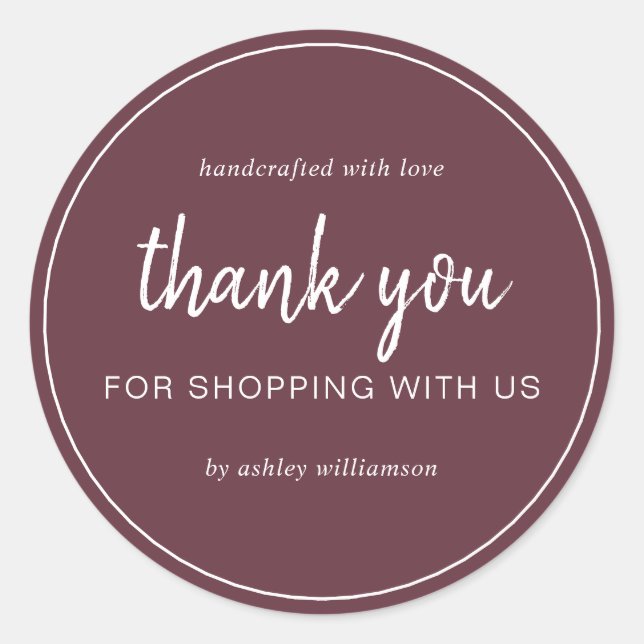 Adesivo Redondo Burgundy Chic Script Obrigado por Comprar (Frente)