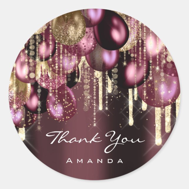 Adesivo Redondo Burgundy DOURADA GLITTER BALLONS DRIP OBRIGADO (Frente)