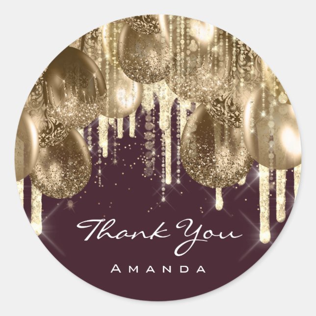 Adesivo Redondo Burgundy DOURADO Aniversário GLITTER BALLONS DRIP (Frente)