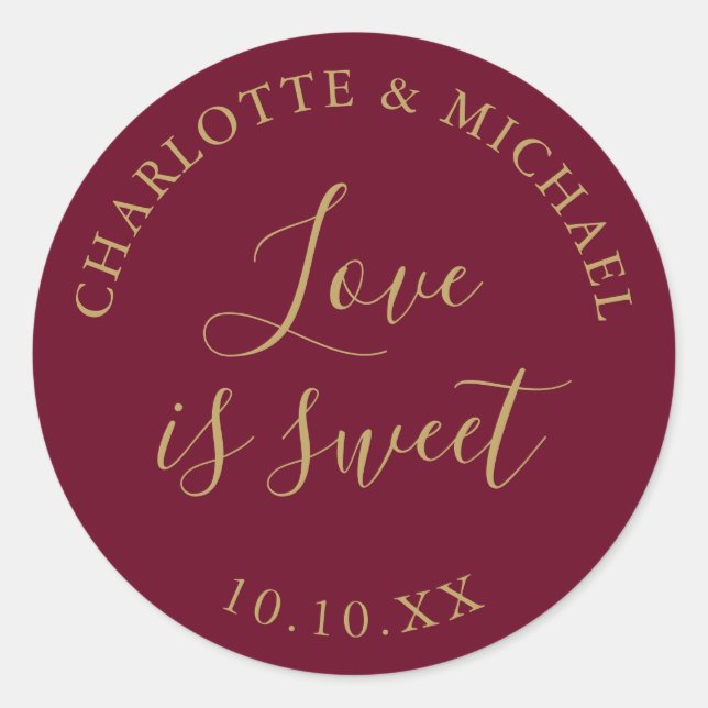 Adesivo Redondo Burgundy E Dourado Amor É Um Bonitinho Favor De Ca (Frente)