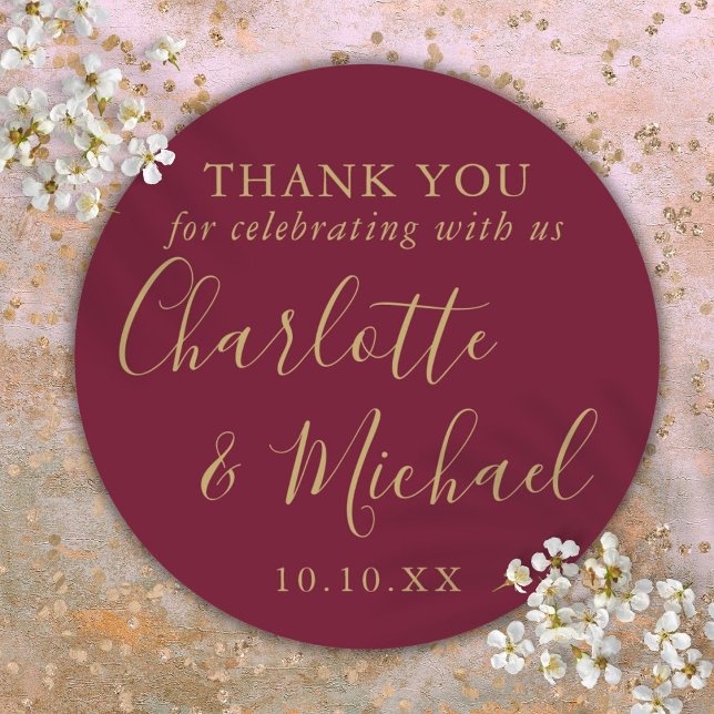 Adesivo Redondo Burgundy e Dourado Favor do Casamento Obrigado (Burgundy and Gold Wedding Favor Thank You Classic Round Sticker)