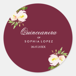 Adesivo Redondo Burgundy Elegant Floral Quinceanera Sticker