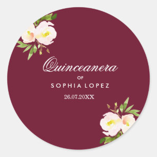Adesivo Redondo Burgundy Elegant Floral Quinceanera Sticker