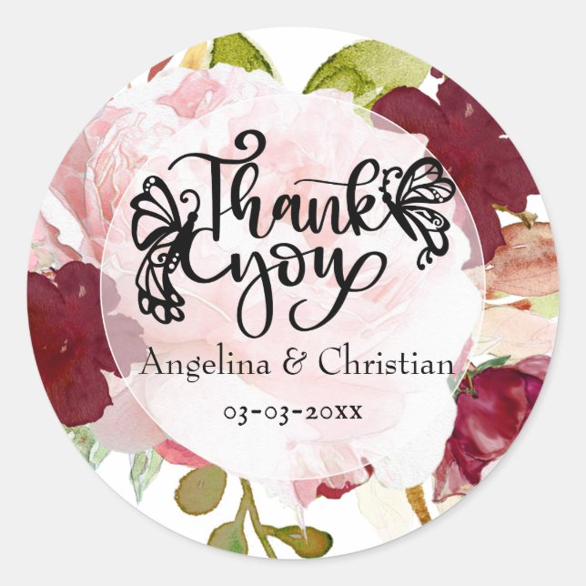 Adesivo Redondo Burgundy Floral Buquê Obrigado Casamento (Frente)
