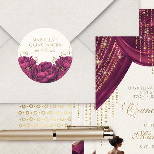 Adesivo Redondo Burgundy Floral Elegante Quinceanera