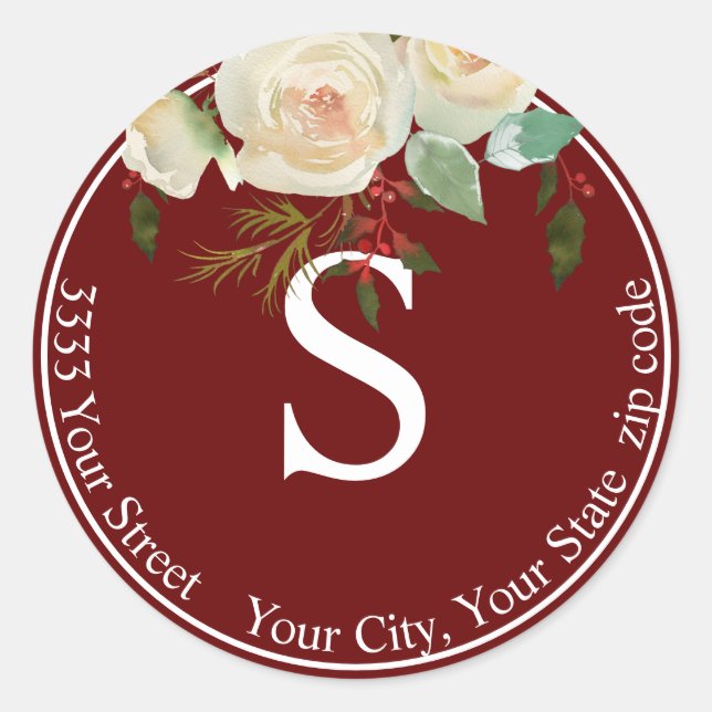 Adesivo Redondo Burgundy Floral Holiday Monograma Endereço de Devo (Frente)